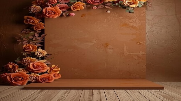 Pared de color café claro un tablero marrón colocado con racimos de rojo naranja de baja saturación