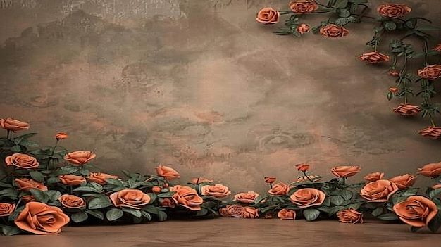 Pared de color café claro un tablero marrón colocado con racimos de rojo naranja de baja saturación