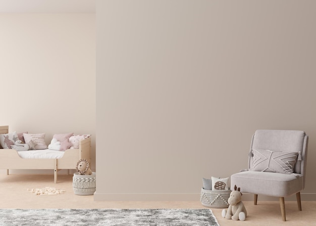 Pared de color crema vacía en la habitación infantil moderna Interior simulado en estilo escandinavo Copie el espacio para su imagen o póster Juguetes de sillón de cama Habitación acogedora para niños Representación 3D