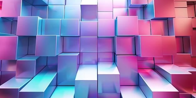 Una pared colorida de cubos con un fondo azul y rosa