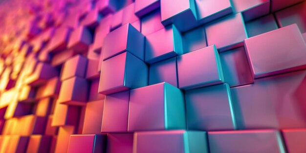 Una pared colorida de cubos con un fondo de sección rosa brillante y azul