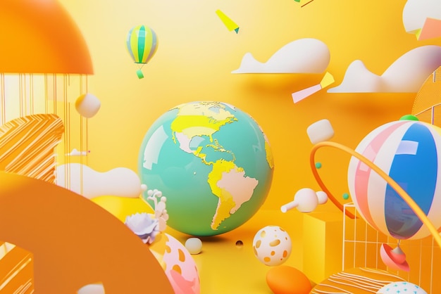 una pared colorida con un globo terráqueo y la palabra mundo en él