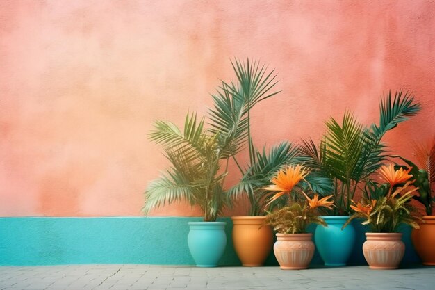 Una pared colorida con una hilera de macetas coloridas con plantas tropicales.