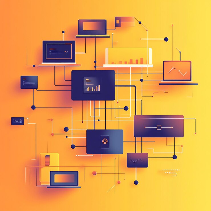 Foto una pared colorida con muchos dispositivos electrónicos diferentes y la palabra t en él