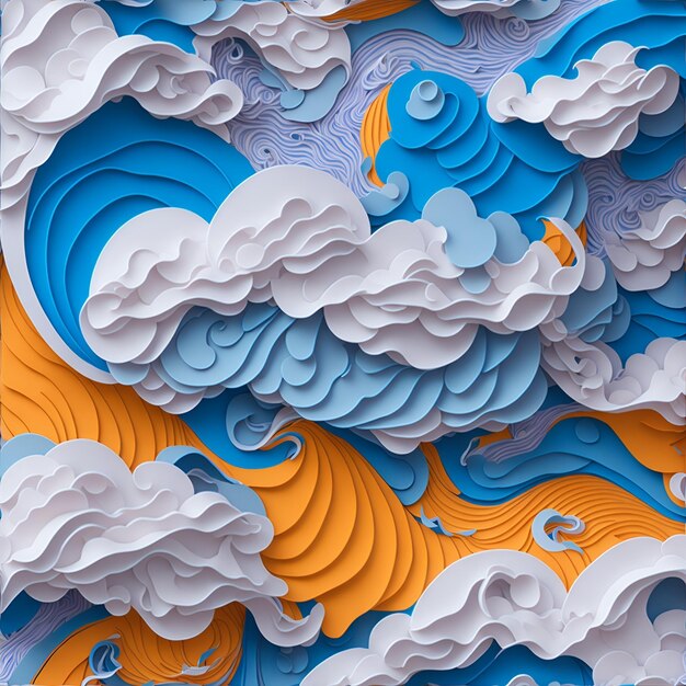 Una pared colorida con una nube azul y naranja en el centro.