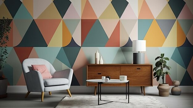 una pared colorida con un papel tapiz colorido con una silla y una mesa con una silra.