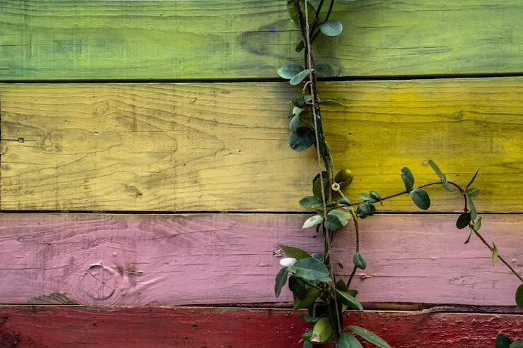 Foto una pared colorida con una vid y hojas.