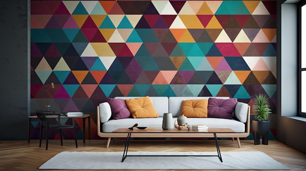 una pared de coloridas formas geométricas es un papel tapiz colorido.
