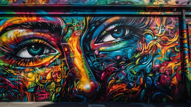 Una pared con un colorido mural que dice 'graffiti'