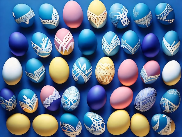 Una pared de coloridos huevos de pascua con un fondo azul y un diseño blanco en la parte inferior.