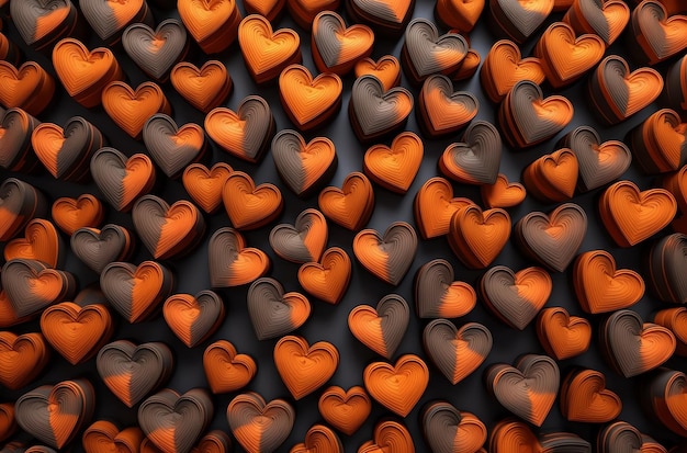 Una pared de corazones naranjas y negros con la palabra amor