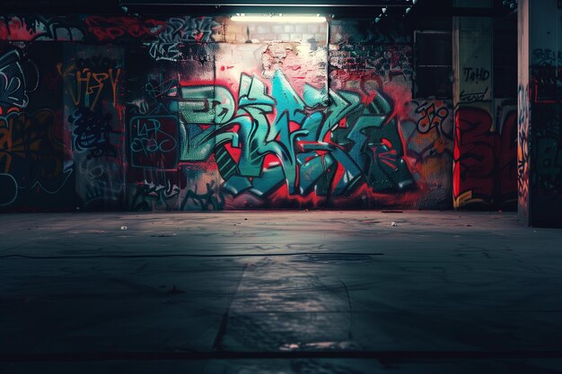 pared cubierta de graffiti en una habitación oscura con una luz que brilla sobre ella