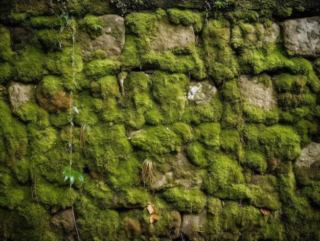 Una pared cubierta de musgo y musgo con una hoja colgando.