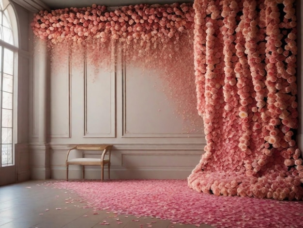 Una pared cubierta de pétalos de rosa en cascada creando un entorno visualmente impresionante y romántico esto podría lograrse a través de una sesión de fotos creativa o manipulación digital