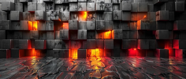 Una pared de cubos negros y grises con luces rojas en ellos
