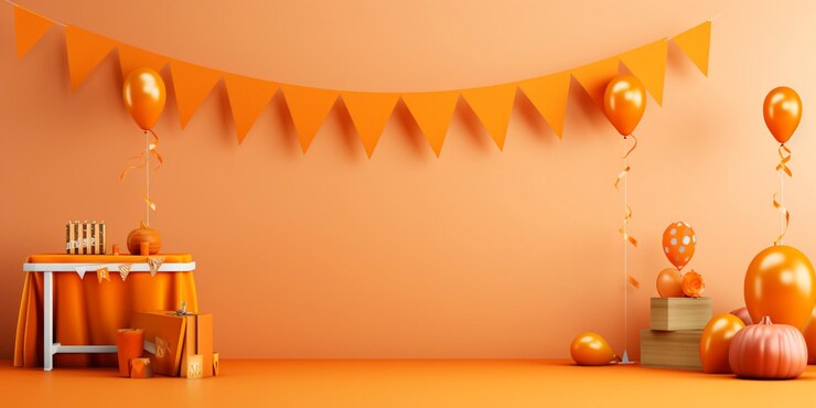 una pared con decoraciones de naranja y una caja amarilla con decoracións de narenja en ella