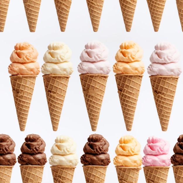 Una pared de diferentes sabores de helado se alinea en filas.