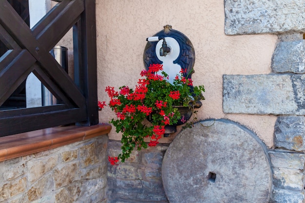 La pared de un edificio de apartamentos con una maceta colgante de flores rojas