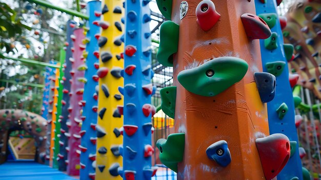 Pared de escalada colorida con tomas de diferentes colores y tamaños La pared es adecuada tanto para niños como para adultos