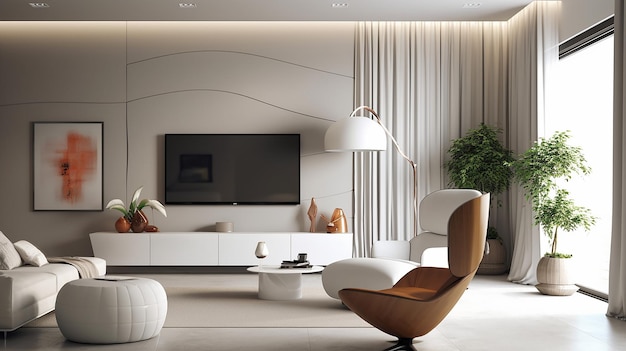 Pared de escayola blanca en salón con sillón sofá blanco IA generativa