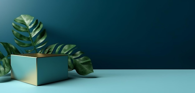 Una pared de espacio de copia azul con una planta de monstera en maceta