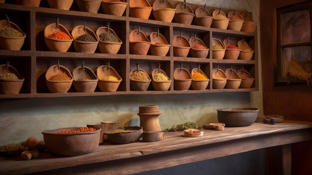 Una pared de especias de cocina rústica y sabrosa adornada con colores vibrantes