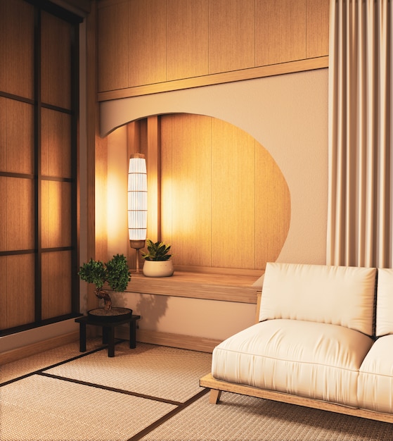 Pared de estante circular en la sala de estar deisgn japonés con piso de tatami. Renderizado 3D