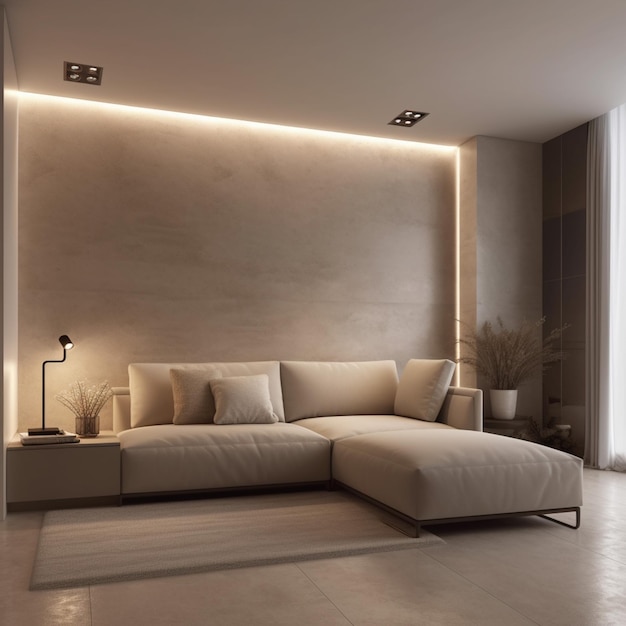 Pared de exhibición de luz vacía de una habitación moderna con luces interiores Incluye un elegante sofá generativo AI
