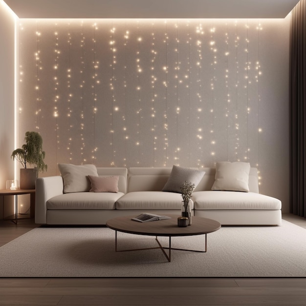 Pared de exhibición de luz vacía de una habitación moderna con luces interiores Incluye un elegante sofá generativo AI