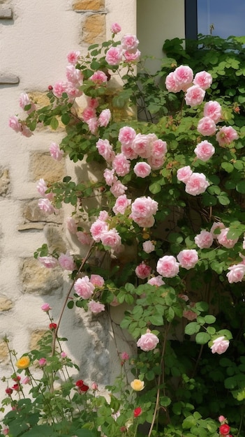 Una pared con una flor rosa.