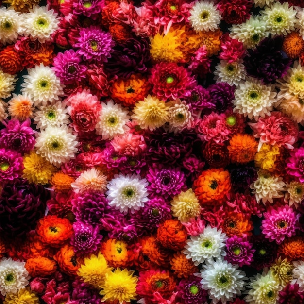 Pared floral transparente con flores de crisantemo rosa, naranja, blanco y amarillo