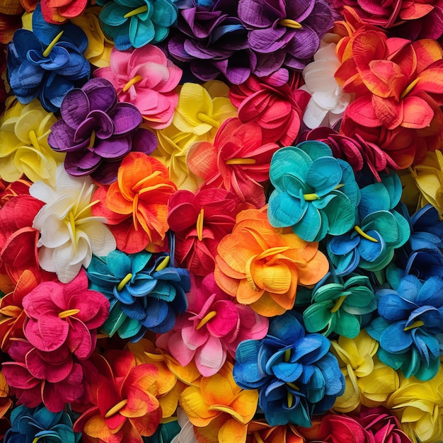 Una pared de flores coloridas tiene un fondo blanco