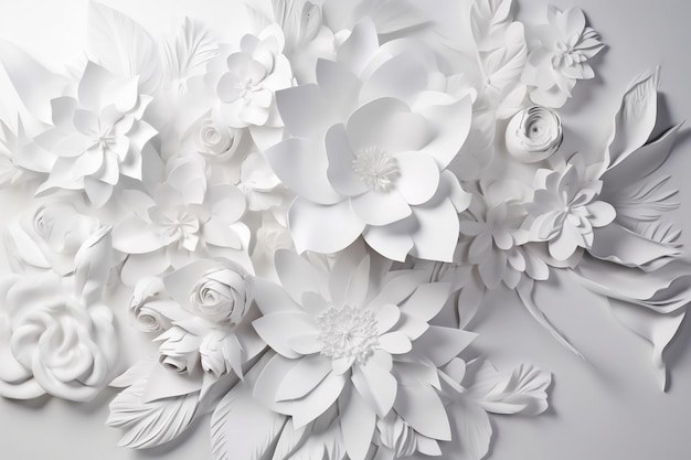 Una pared de flores de papel blanco con una flor.