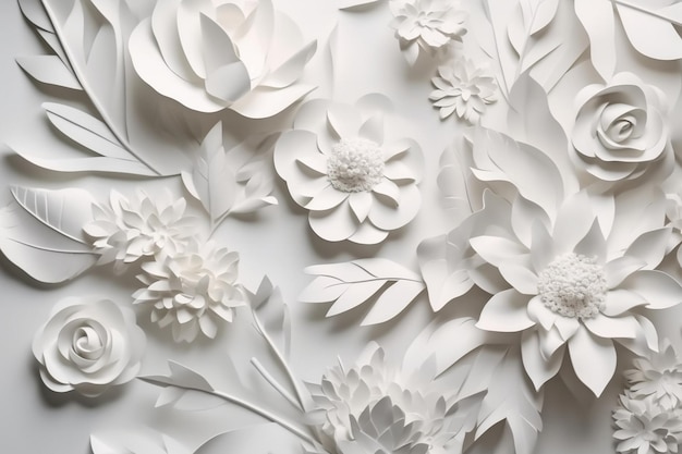 Una pared de flores de papel blanco con flores.