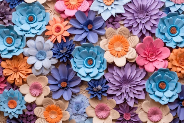 Pared de flores de papel colorido como un fondo vibrante creado con AI generativa