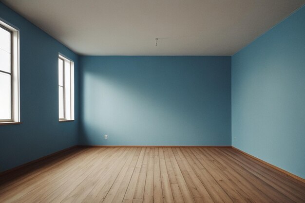 pared de fotos azul en una habitación vacía con piso de madera