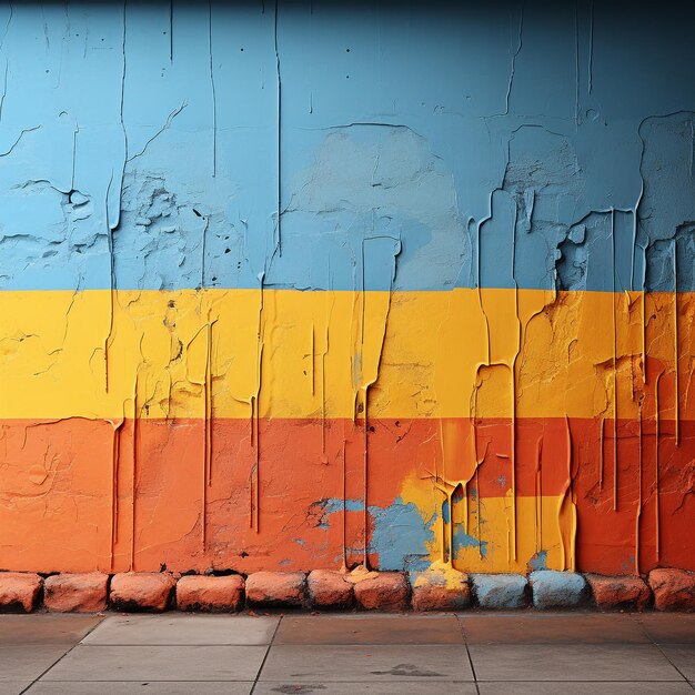 Una pared con una franja azul y naranja