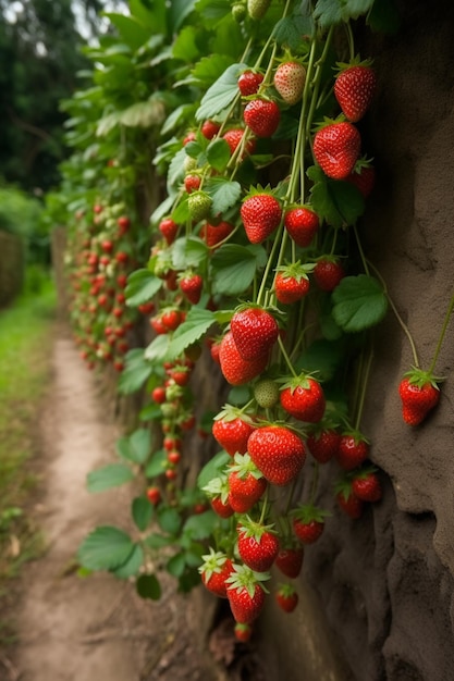 Una pared de fresas con la fruta encima.