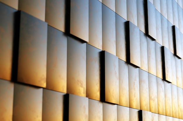 Pared frontal exterior de edificio industrial decorada con paneles metálicos rectangulares