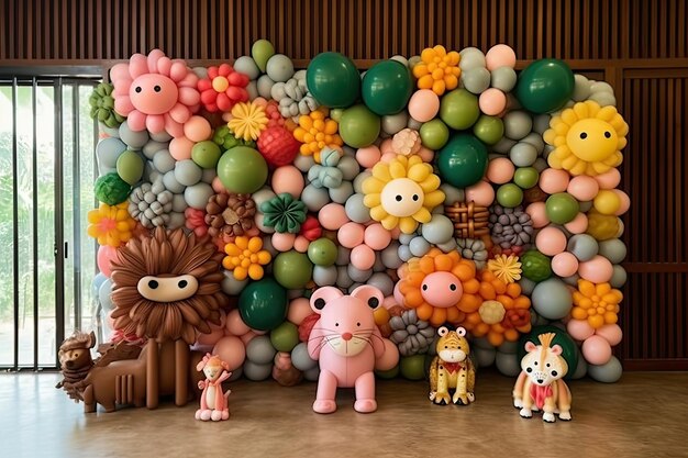 Una pared de globos con un animal de peluche y un oso en él.