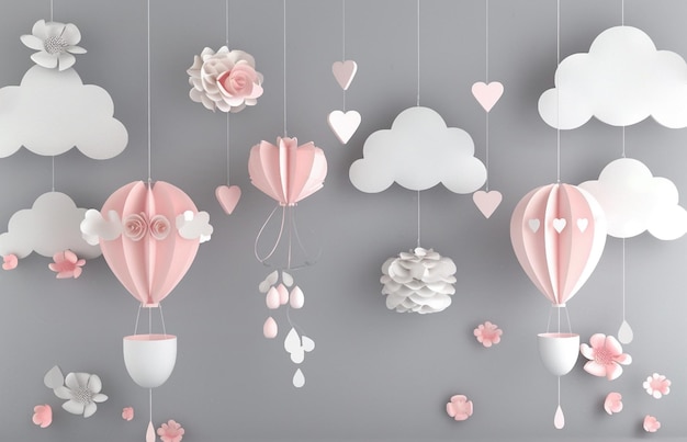 una pared con globos y corazones colgando de ella