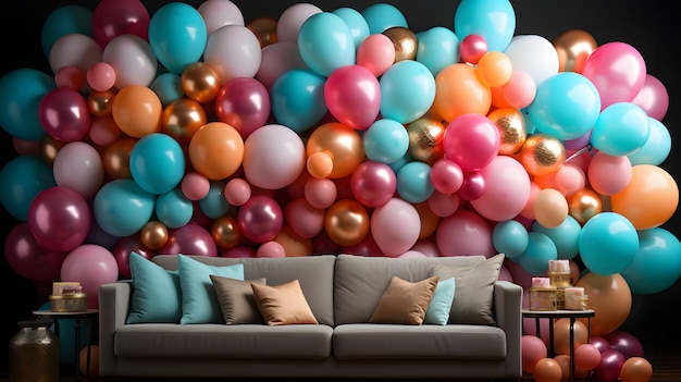 Pared de globos en diferentes tonos de azul, rosa y rojo hay una pequeña mesa con velas y flores