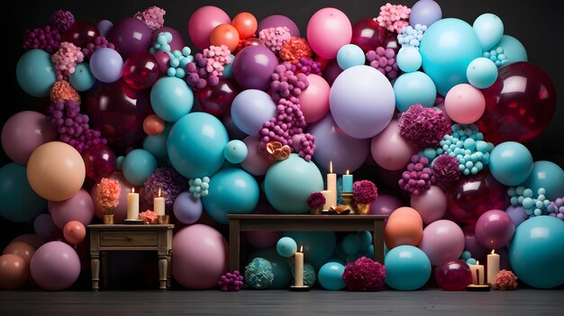 Foto pared de globos en diferentes tonos de azul, rosa y rojo hay una pequeña mesa con velas y flores