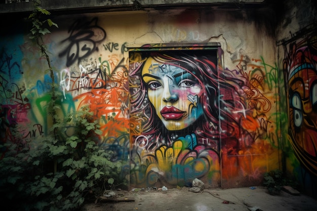 Una pared de graffiti con la cara de una mujer pintada