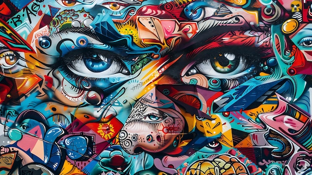 una pared de graffiti con ojos y ojos