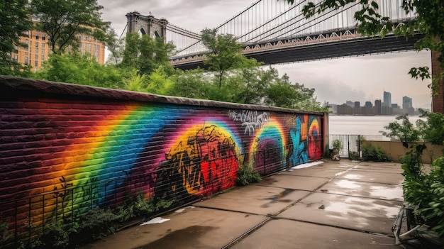 Una pared de graffiti con un puente al fondo.