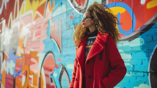 Foto la pared de graffiti vibrante crea un telón de fondo eléctrico para una sesión de moda de estilo callejero la luz del día brillante acentúa los colores y texturas vívidas añadiendo un borde urbano a cualquier imagen