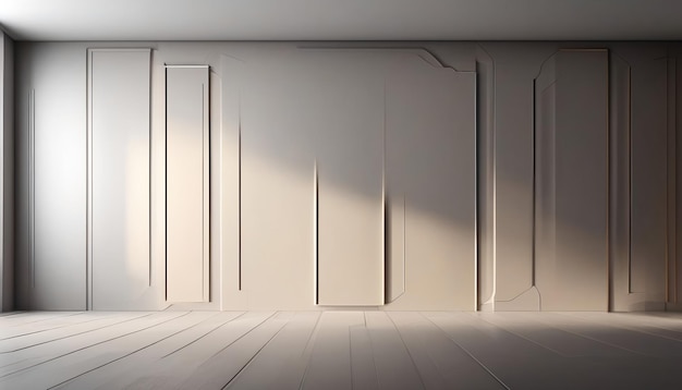 Una pared gris claro y beige con paneles decorativos y un piso liso con interesantes aspectos destacados y