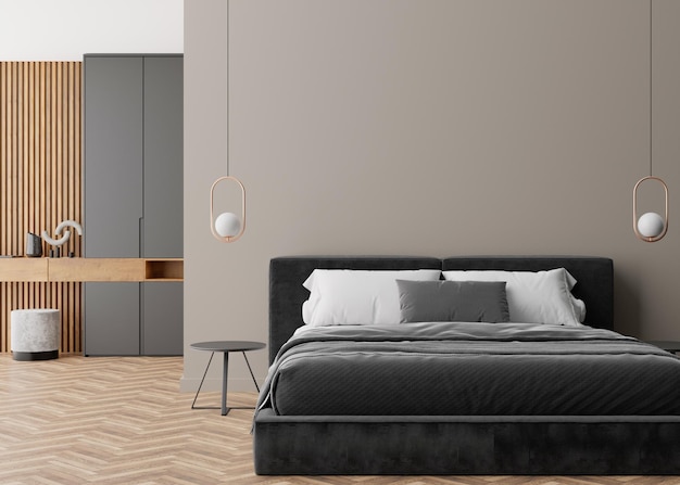 Pared gris vacía en un dormitorio moderno y acogedor Interior simulado en un estilo contemporáneo minimalista Espacio libre para copiar el texto de la imagen u otro diseño Lámparas de cama Representación 3D