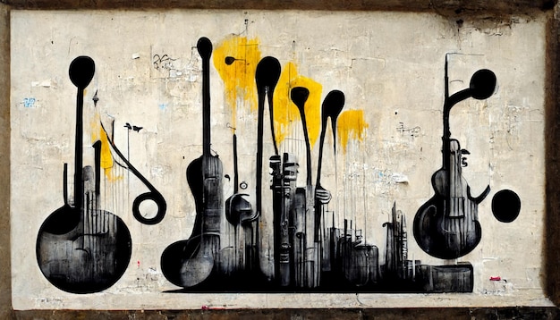 Una pared con guitarras y una ciudad al fondo.